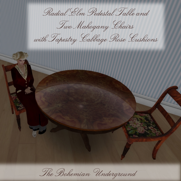 [TBU] Radial Elm Pedestal Table and Two Mahogany Chairs
